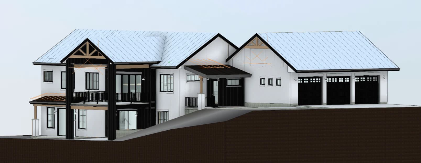 3D exterior rendering of a 3,277 square foot Craftsman ranch custom home in the Colorado Springs area, with timber gable trusses, a covered deck over a walkout basement, and a three-car garage, designed and built by Stauffer & Sons Construction of Colorado Springs.