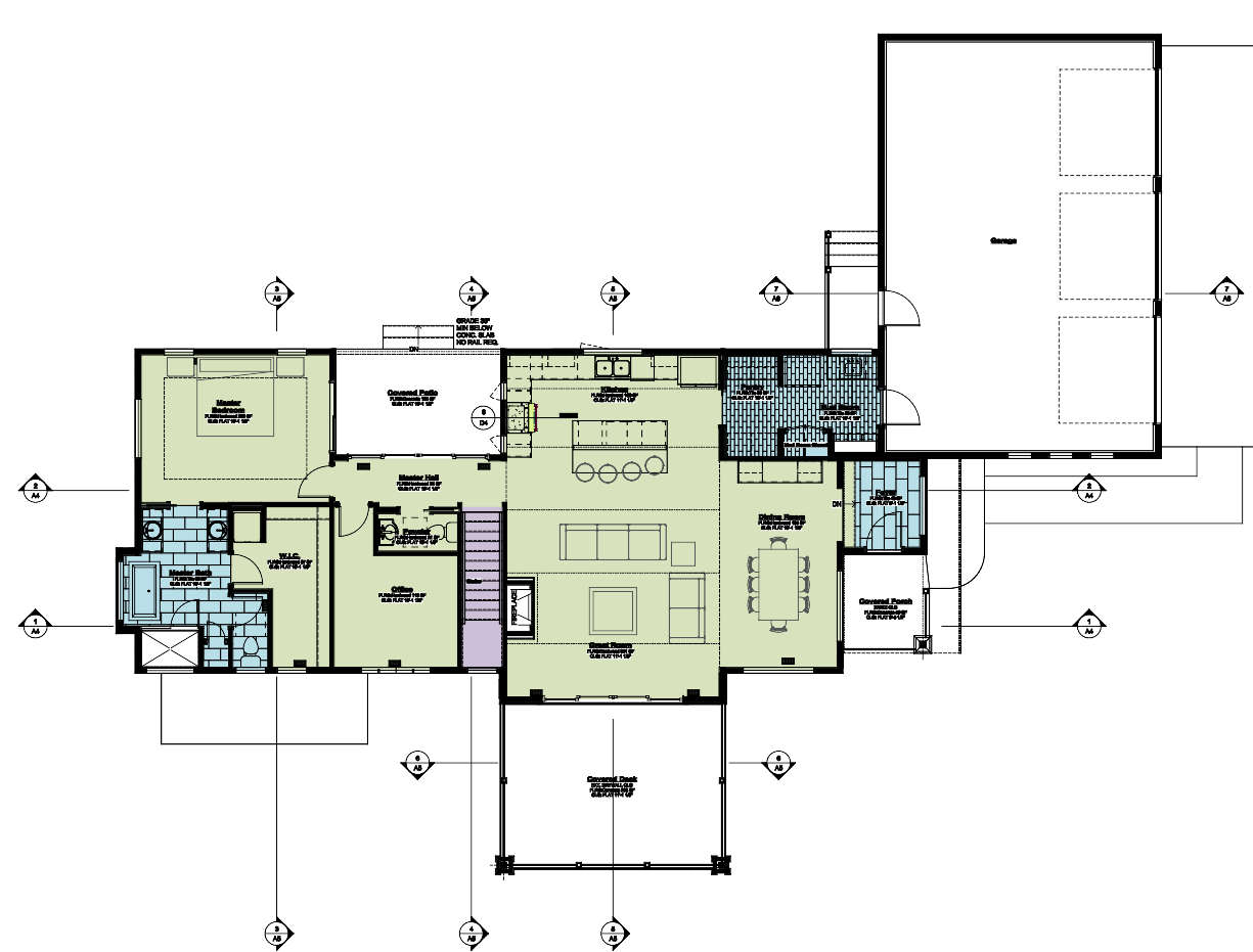 Main-level floor plan of a 3,277 square foot Craftsman ranch custom home in the Colorado Springs area, showing the great room, kitchen, dining room, master suite, office, covered deck, and a three-car garage.