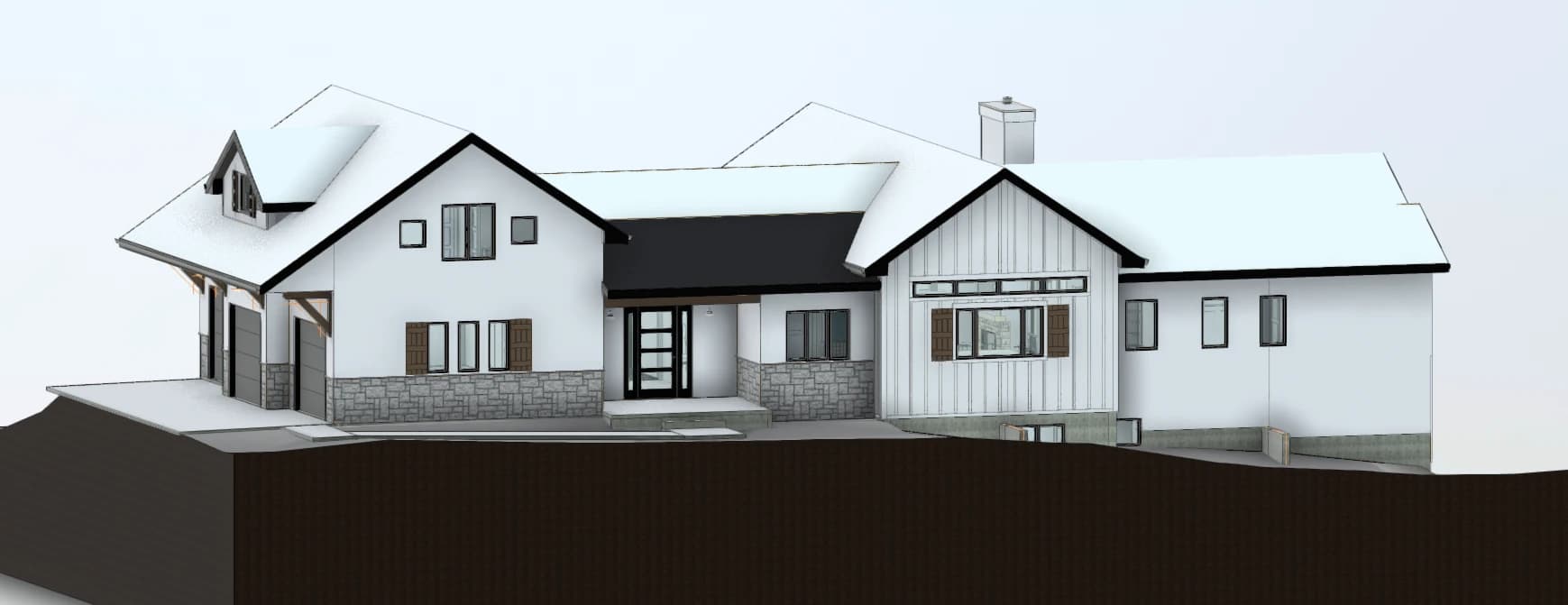 3D front exterior rendering of a 5,436 square foot modern farmhouse ranch custom home in the Colorado Springs area, with white board-and-batten siding, stone wainscot, and a dormer over the garage, designed and built by Stauffer & Sons Construction of Colorado Springs.