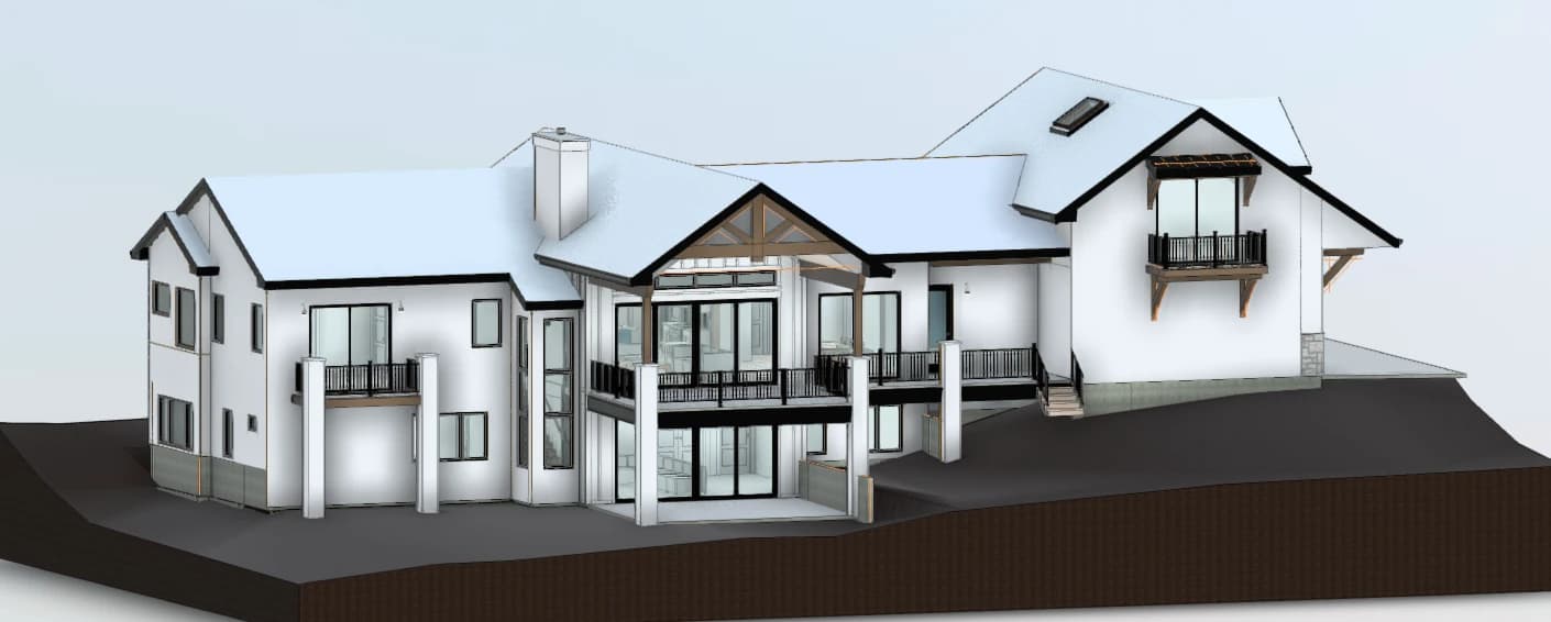 3D rear exterior rendering of a 5,436 square foot modern farmhouse custom home in the Colorado Springs area, showing the walkout basement, covered deck with a timber gable, and a balcony off the rooms over the garage.