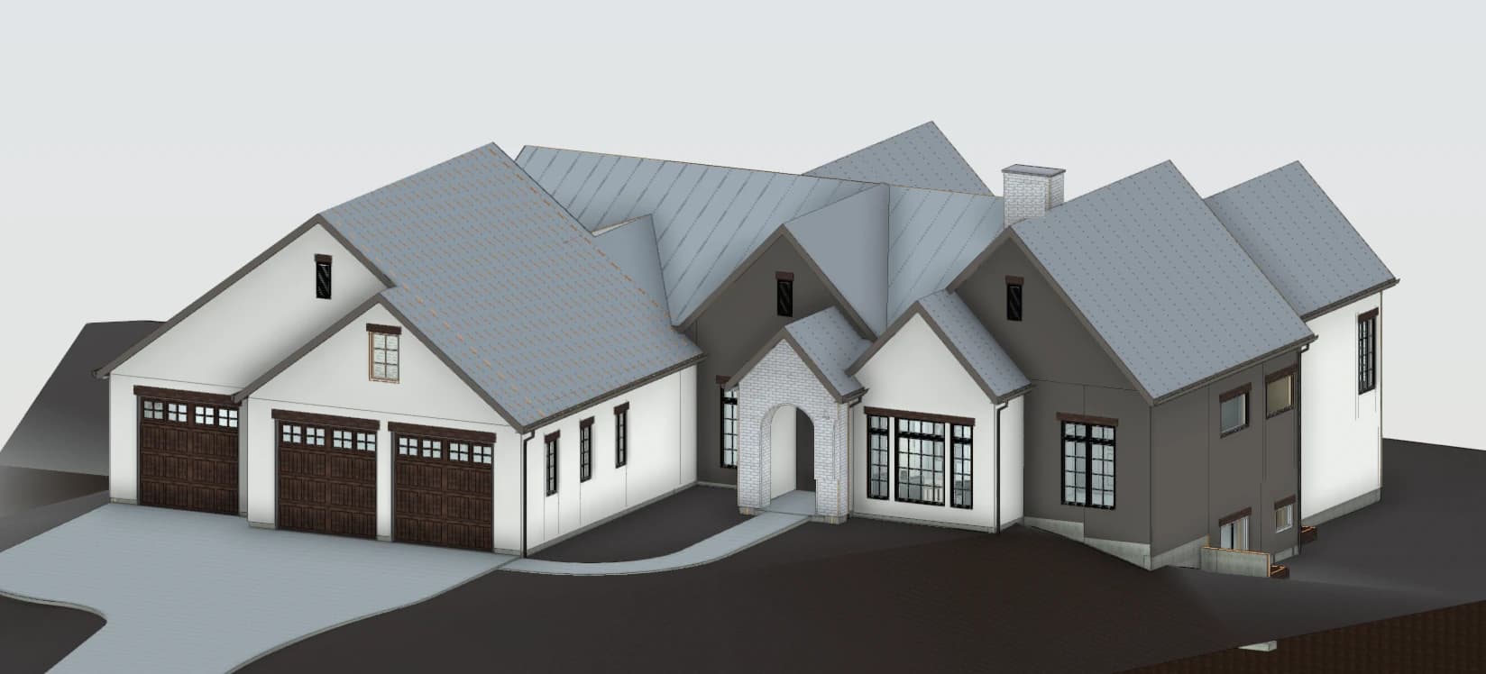 3D exterior rendering of a 5,320 square foot modern farmhouse ranch custom home in the Colorado Springs area, with white and gray gables, an arched brick entry, and a three-car garage, designed and built by Stauffer & Sons Construction of Colorado Springs.