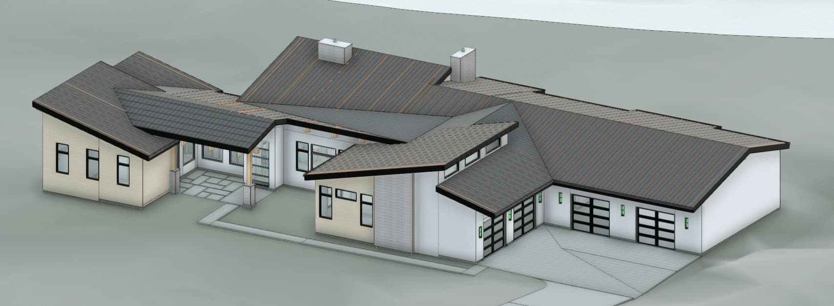 3D exterior rendering of a 2,900 square foot single-level modern ranch custom home in the Colorado Springs area, with low-slope metal roofs, stucco walls, and an oversized multi-bay garage, designed and built by Stauffer & Sons Construction of Colorado Springs.