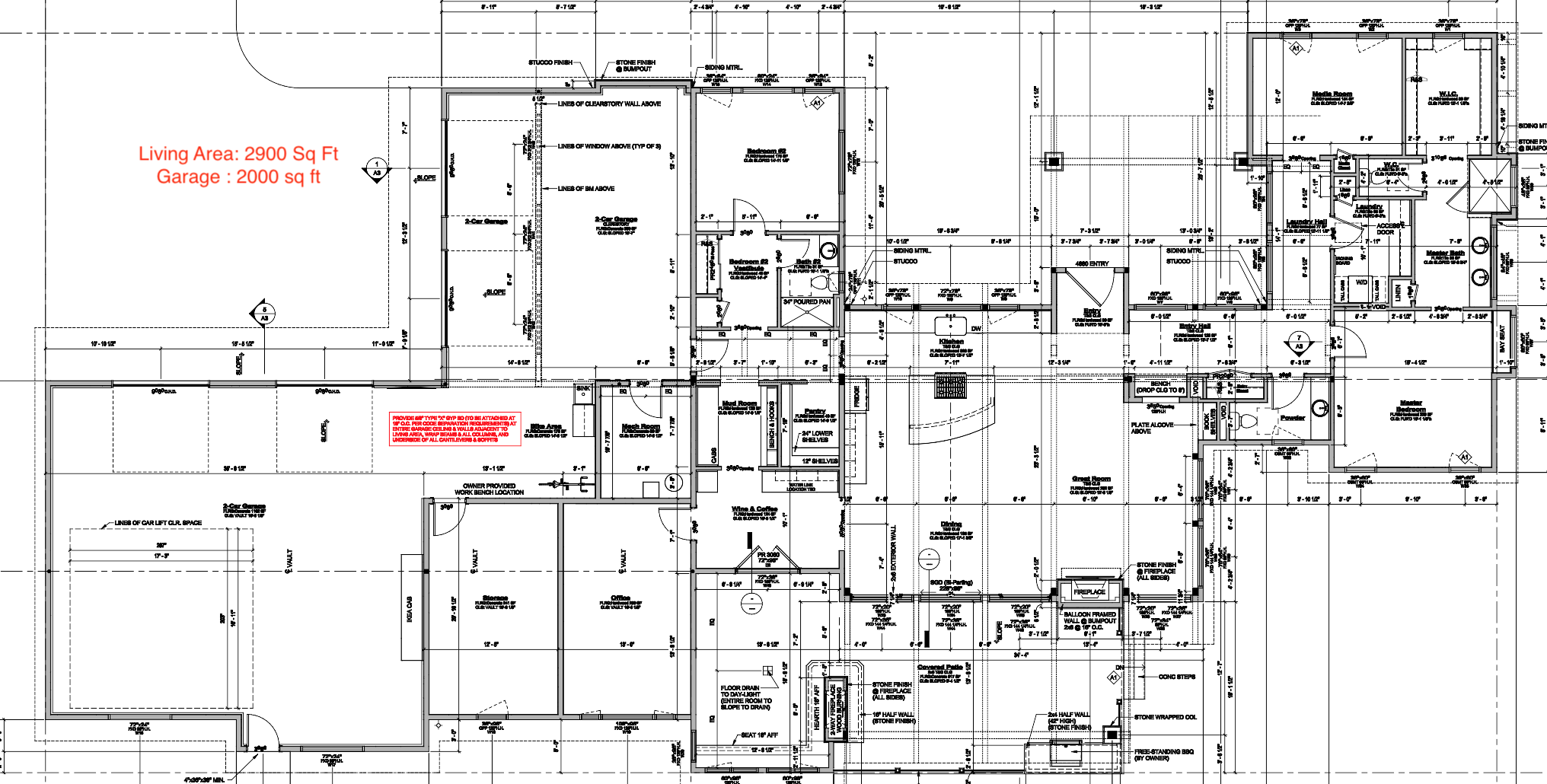 Main-level floor plan of a 2,900 square foot single-level modern ranch custom home in the Colorado Springs area, showing the great room, kitchen, dining, master suite, media room, office, and a 2,000 square foot garage.