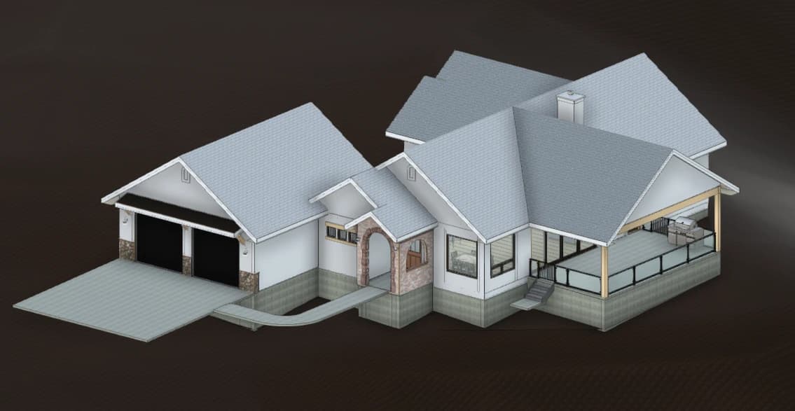 3D exterior rendering of a 1,820 square foot mountain ranch custom home in Black Forest, Colorado, with a two-car garage, arched brick entry, and a covered patio, designed and built by Stauffer & Sons Construction of Colorado Springs.