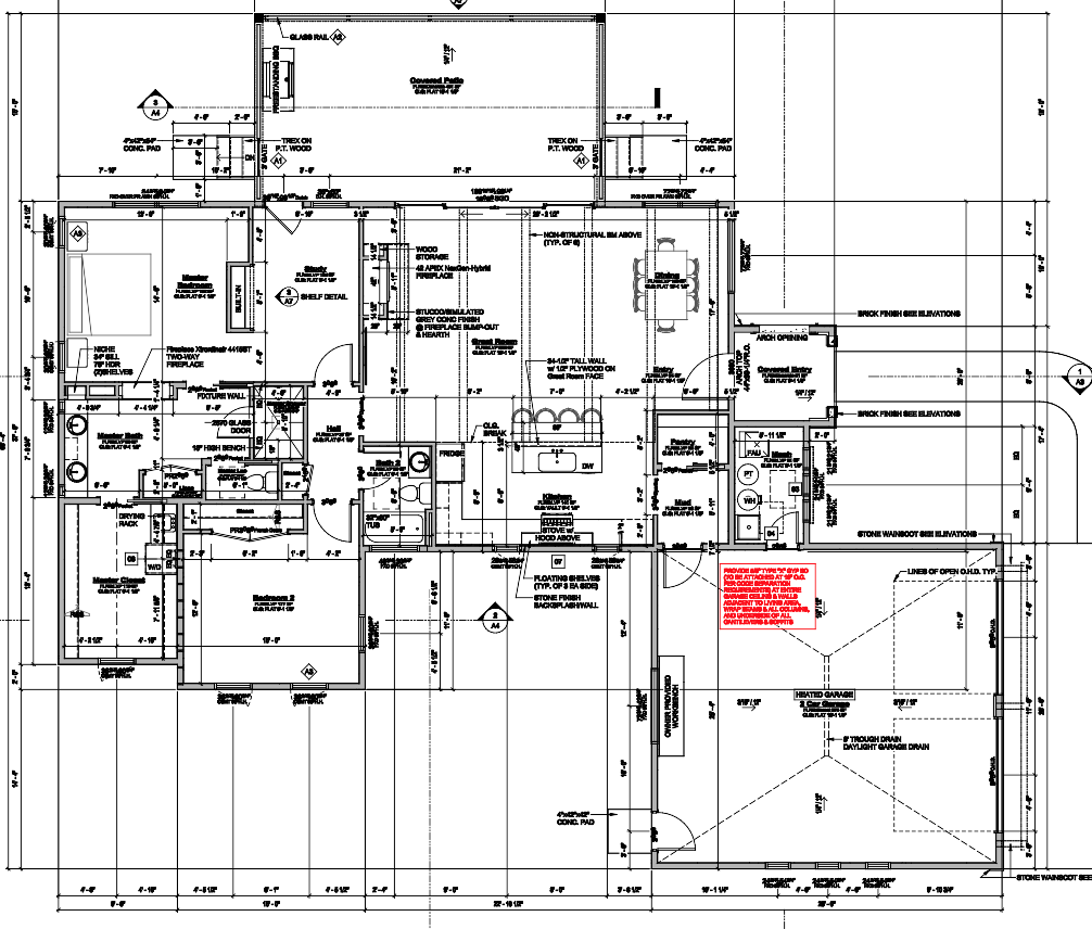 Main-level floor plan of a 1,820 square foot mountain ranch custom home in Black Forest, Colorado, showing the great room, kitchen, dining, master suite, study, second bedroom, covered patio, and a heated two-car garage.
