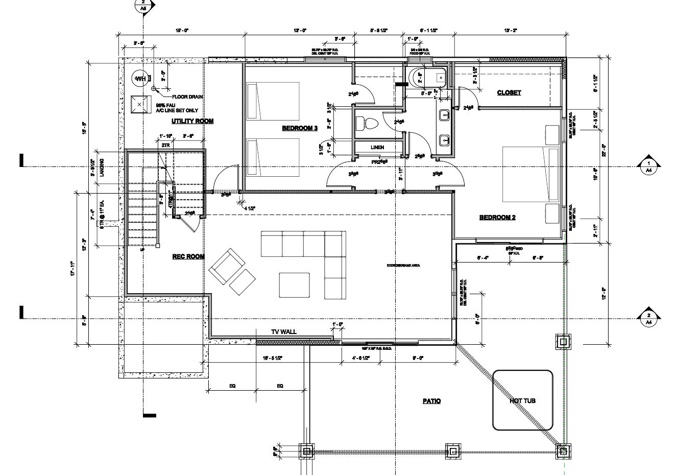 Finished walkout basement floor plan of a 3,200 square foot mountain ranch custom home in Colorado Springs, showing two bedrooms, a bathroom, a rec room, the utility room, and a patio with a hot tub.