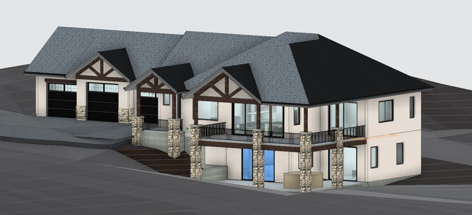 3D exterior rendering of a 3,200 square foot mountain ranch custom home in Colorado Springs, Colorado, with stucco walls, stone columns, timber gable trusses, and a deck over a walkout basement, designed and built by Stauffer & Sons Construction of Colorado Springs.