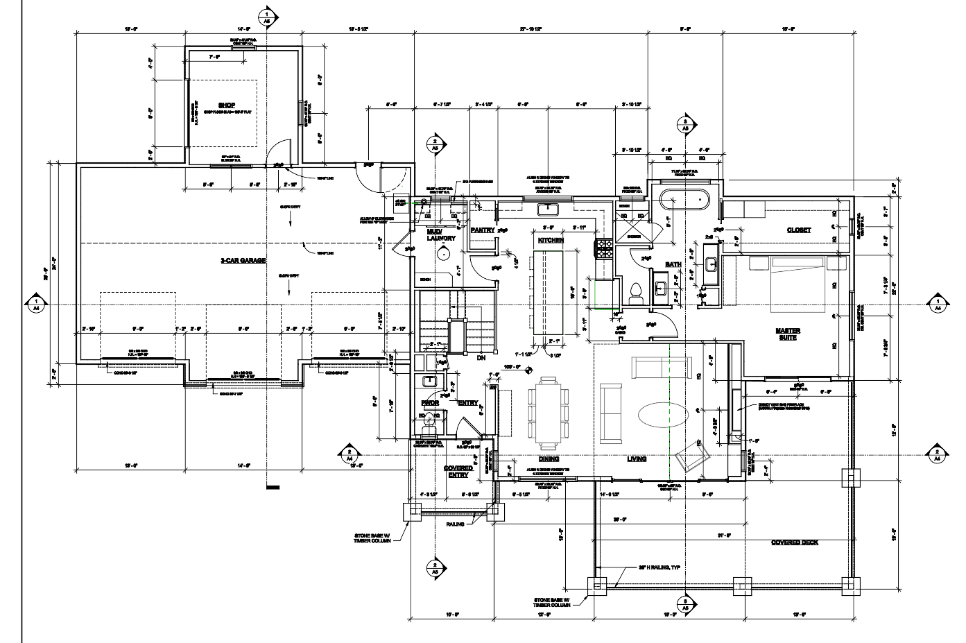 Main-level floor plan of a 3,200 square foot mountain ranch custom home in Colorado Springs, showing the master suite, kitchen, dining, living room, covered deck, three-car garage, and attached shop.