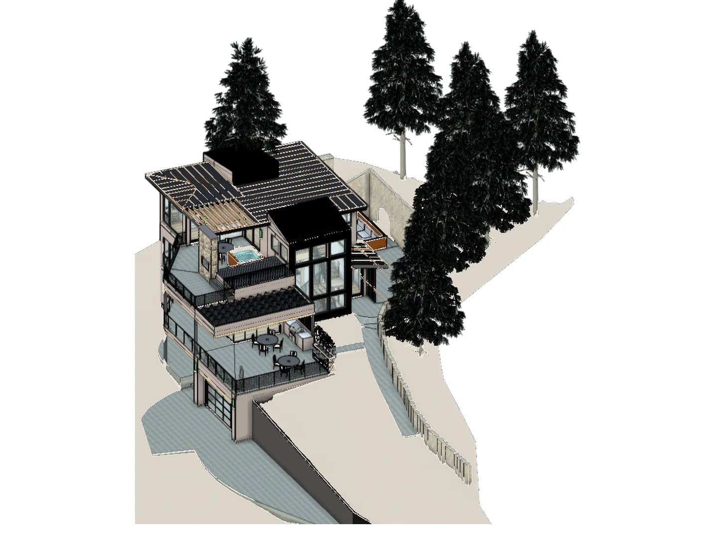 3D design model of the three-level hillside home with stacked decks, a hot tub, and its driveway curving up the slope