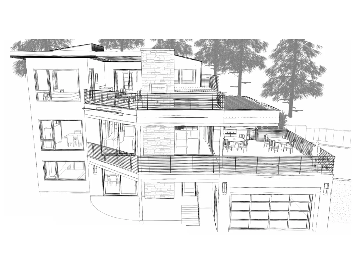 Sketch-style perspective of a three-level modern home with stone chimney and wraparound decks among tall pines