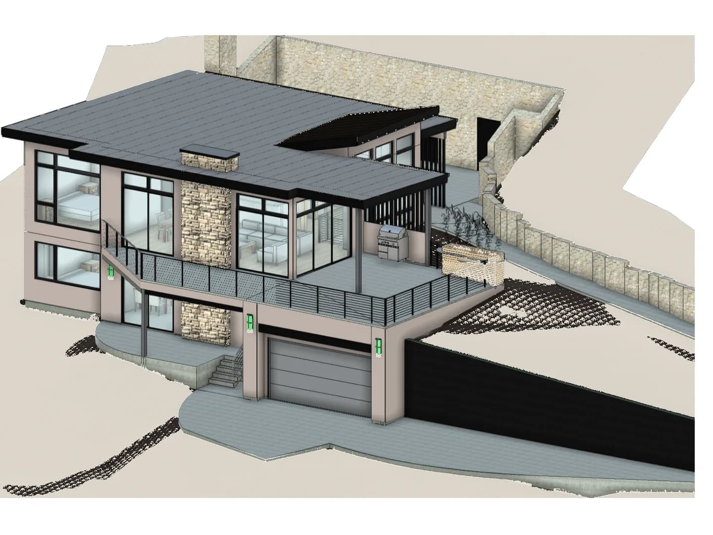 3D design model of the two-story hillside home with its stone retaining walls and drive-under garage