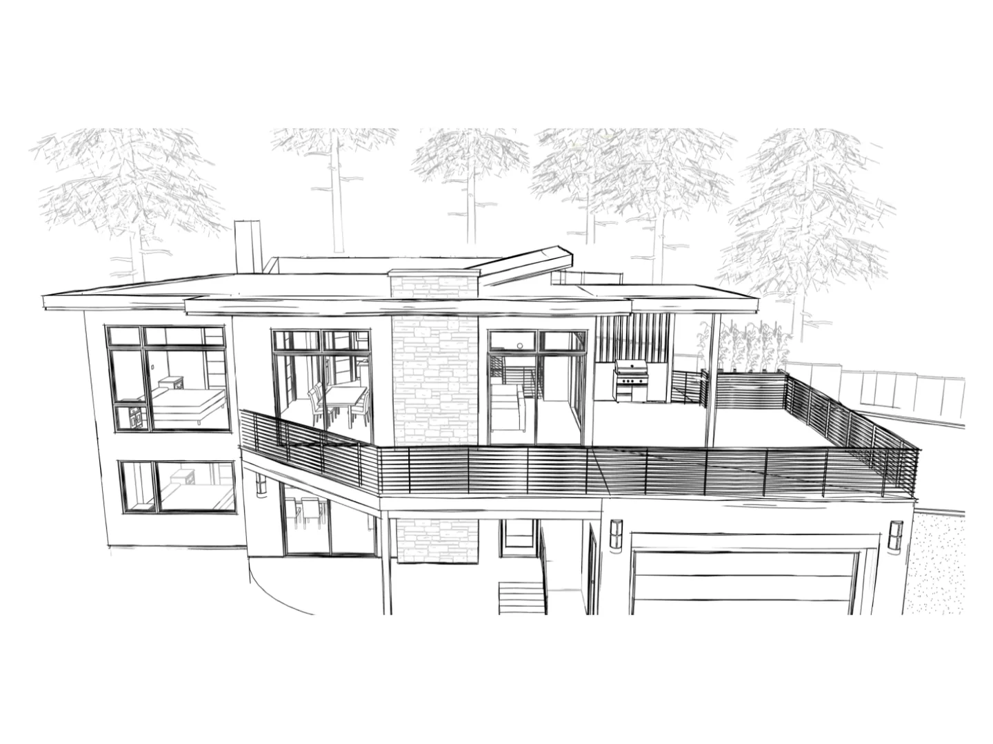 Sketch-style perspective of a two-story modern home with a stone chimney and a long horizontal-rail deck
