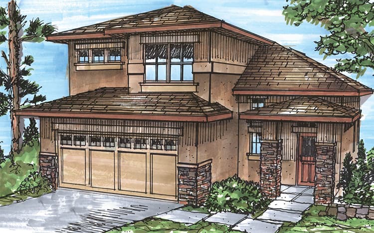 Hand-drawn elevation rendering of the Parkside Revival, a Waldo Canyon fire rebuild entered in the 2013 Parade of Homes